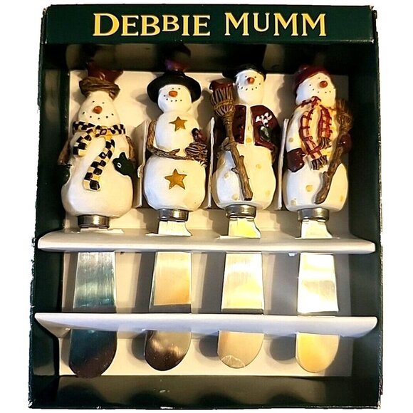 Set of 4 Debbie Mumm Cheese Butter Spreader Set Knives 1999 Snowman New - Picture 1 of 8